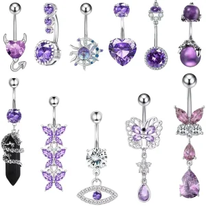 Purple Belly Ring Sexy Stainless Steel Jewelry Copper Inset Zircon Pendant Navel Nail Body Jewelry