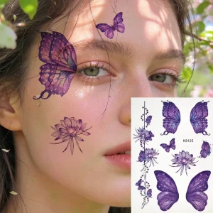 Purple Butterfly Lotus Tattoo Stickers Ins Style Waterproof Long Lasting Disposable Facial Decor Stickers