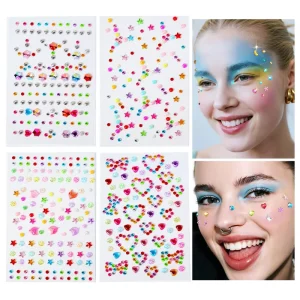 Rainbow Color Rhinestone Face Eye Makeup Stickers Heart Star Adhesive Festival Jewels Face Gems Stickers