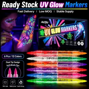 Ready Stock UV Glow Temporary Tattoo Markers Dual Tip Fluorescent Body Art Pens Neon Party Face Painting Supplies For Halloween