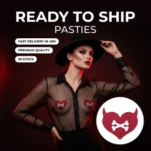 Ready to Ship Red Satin Heart Devil Horns Pasties White Bone Print Nipple Cover Fast Delivery in Stock Women Wear