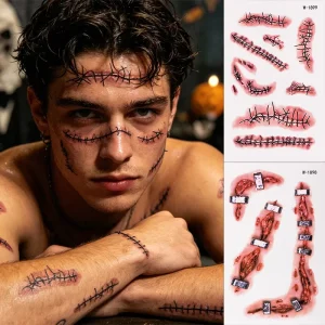 Realistic Bloody Scar Temporary Tattoo Sticker for Adults Halloween Costume