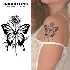 Realistic Butterfly Rose Flower Semi-permanent Tattoo Sticker Long Lasting 15 Days Body Art for Women Shoulder Arm