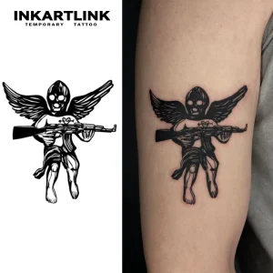 Realistic Dark Cupid Angel with AK47 Gun Semi-permanent Tattoo Sticker Long Lasting 15 Days Body Art for Men Women Arm