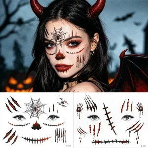 Realistic Horror Halloween Face Tattoo Sticker Clown Jester Spider Web Zombie Ghost Makeup Waterproof Temporary Face Decals