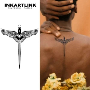 Realistic Winged Dagger Sword Semi permanent Tattoo Sticker Long Lasting 2 Weeks 15 Days Body Art for Men Women Back