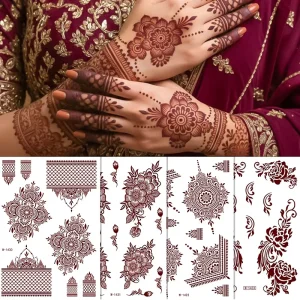 Red Brown Waterproof Realistic Mehndi for Women Teen Girls Wedding Festival Party Beach Body Art Henna Temporary Tattoo Stickers