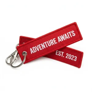 Red Embroidered Keychain Flight Tag Keyring Custom Logo Fabric Jet Tag Backpack Accessory
