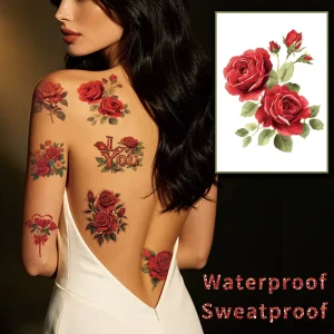 Red Rose Temporary Tattoo Stickers, Waterproof Sweatproof Realistic Floral Body Art Tattoos for Women