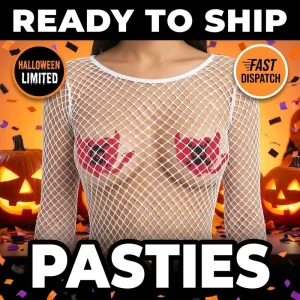 Red Satin Devil Nipple Covers With Black Skull Print for Halloween Disposable Breast Pasties Adhesive Soft Demon Stickers