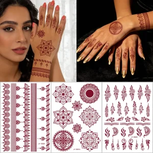Reddish Brown Henna Temporary Tattoo Stickers Mandala Lace Hand Tattoos Waterproof Stickers for Wedding Party