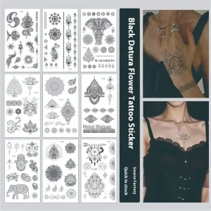 Retro Black Mandala Design Temporary Tattoo Sticker Waterproof Henna for Face Sexy Totem