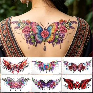Retro Vintage Indian Symmetry Mandala Rose Butterfly Full Back Waist Breathable Sweatproof Classic Boho White Paper Temporary