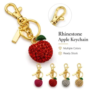 Rhinestone Crystal Apple Keychain, Cute Fruit Metal Pendant Key Ring Bag Charm Purse Hanging Ornament Gift for Women RTS