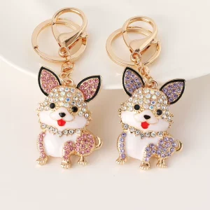 Rhinestone Dog Keychain Cute Enamel Drip Oil Puppy Pendant Sparkling Diamond Bag Charm for Women Handbag Car Key Ring