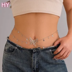 Rhinestone Navel Bell Button Ring Piercing Jewelry Butterfly Charm Belly Ring Waist Chain