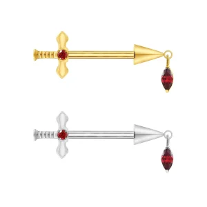 Right Grand ASTM F136 Titanium Sword Dangle CZ Nipple Ring 14G Poniard Straight Barbell Piercing Jewelry With Marquise Dangling