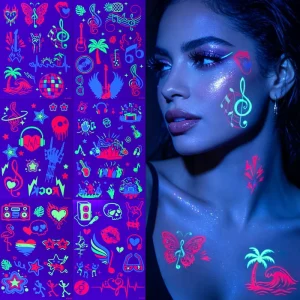 Rock and Roll UV Blacklight Reactive Tattoo Sticker Neon Music Note Guitar Headphones EDM Rave Festival Body Face Art Decal