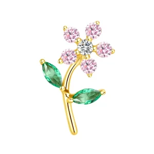 Romantic 14K Solid Gold Pink Flower Threadless Ear Nose Jewelry Stylish Wedding Zircon Fashion Piercing Jewelry