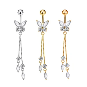 Romantic Belly Ring Stainless Steel Flashing Butterfly Pendant Belly Button Ring Fashion Navel Piercings Body Chain Long
