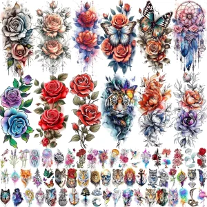 Rose Flowers Temporary Tattoos for Women Girls Adults Realistic Peony Florals Tattoo Sticker Dreamcatcher Colorful Bulk Half Arm