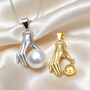 S925 Silver Buddha’s Hand Suitable 7-8 mm Pearl Electroplated Pendant Holder for Women Jewelry DIY Making Accessories Empty Tray