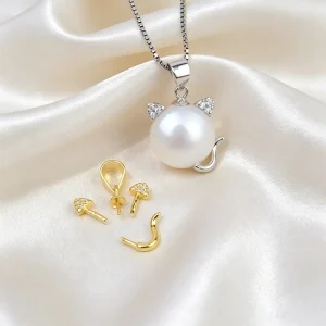 S925 Silver Pendant Accessories for Pearl DIY Jewelry Making Electroplating Cat Shaped Hollow Tray Holder Trendy Handmade Gift