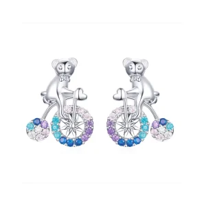 SCE667 Fashion Bear Bicycle Crystal Stud Earrings With Zircon Stone Rainbow Jewelry For Girls And Women