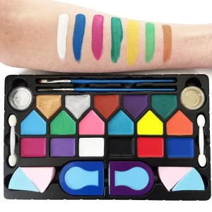 Safe Non-Toxic Children’s Body Art Kit Water Activated Makeup Clown Colors Stencils and Glitter Face Painting Tools