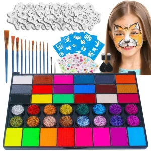 Safe Non Toxic Face Painting Kit for Kids Halloween Party With Stencils and Brushes