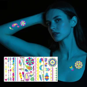 Safe on Skin Self-Adhesive Glow Dark Temporary Tattoo Sticker UV Neon Color Waterproof Water Transfer Stickers Set