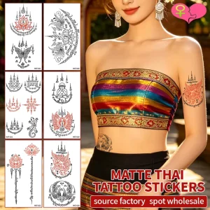 Sak Yant Thai Tattoo Stickers Matte Black & Red Totem Temporary Tattoos Waterproof Buddha & Lotus Body Decals