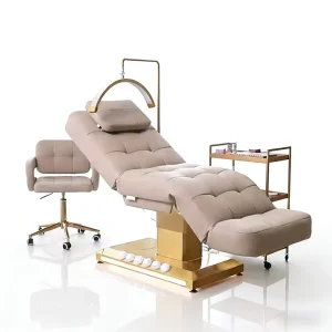 Salon Furniture Gold Stainless Steel Base Foot Control Massage Table Luxury Electric Facial Beauty Bed with 3 Motors