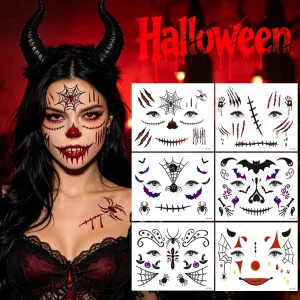 Scary Halloween Sexy Indian Face Tattoo Stickers Horror Bloody Scratches Spider Web Vampire Fangs Temporary Paper Makeup Tattoo
