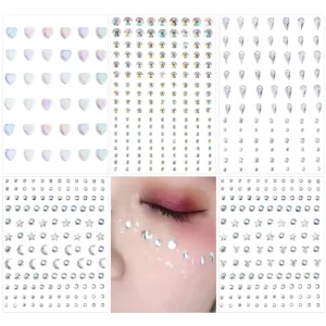 Self Adhesive Gold Stamped Die Cut Rainbow Crystal Rhinestone Face Body Nail Gems Jewels Stickers for Festival Decorative