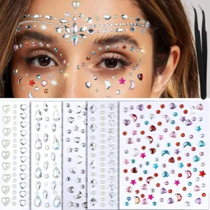 Self-Adhesive Gold-Stamped Face Hair Jewels Pearls Rhinestone Gems for Makeup Festival Rave