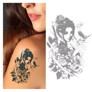Semi Permanent Blue Genipa Juice Tattoos of Japanese Geisha Girl With Veil Flower Tattoo Stickers
