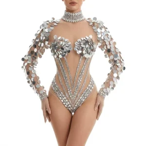 Sequin Chevron Rhinestone Bodysuit Marquise Choker Open Back Sheer Illusion Leotard for Burlesque Gala Concert Performer