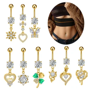 Set 10 Gold Plated Stainless Steel Body Jewelry for Summer Beach Party Belly Button Heart Butterfly Nail Design Zircon Piercing