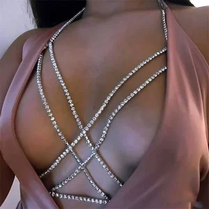 Sexy Body Chain Jewelry Trendy Bikini Bra Accessories Rhinestone Metal Chest Chain