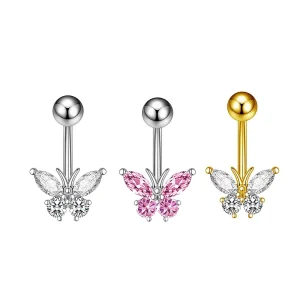 Sexy Butterfly Pink Zircon Belly Button Stud with Claw Setting Trendy Party Body Piercing Jewelry