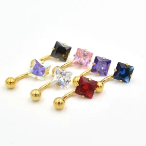 Sexy Dancer Gold Plated Colored Square CZ Belly Ring Navel Piercing Body Jewelry