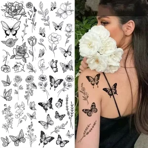 Sexy Fashionable Butterfly Tattoo Woman Black Flower Sketch Rose Blossom Paper Sticker Temporary Waterproof Face Body