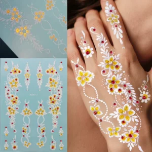 Sexy Fashionable Glitter Henna Tattoo Sticker White Flower Temporary Art Hands Rhinestone Waterproof Semi Permanent