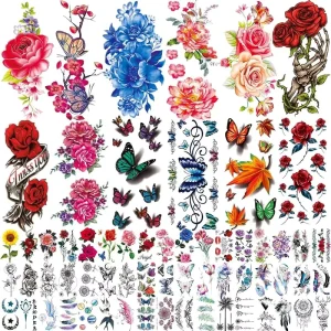 Sexy Floral Blossom Branch Arm Neck Face Tattoo Sticker Variety Colorful Rose Flower Water Resistant Temporary Tattoos for Women