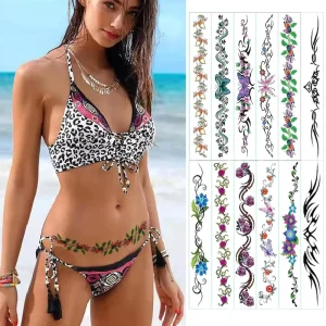 Sexy Flower Navel Tattoo Stickers Long Belly Abdomen Waist Back Waterproof Temporary Tattoos for Women Girls Body Tattoos
