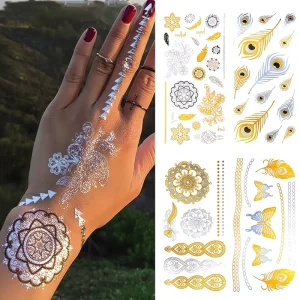 Sexy Metallic Eco-Friendly Paper Tattoo Stickers for Adult Women Water Resistant Gold Silver Glitter Temporary Tattoos 3-7 Days