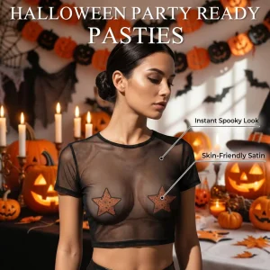Sexy Orange Satin Star Nipple Covers With Spider Web Print for Halloween Disposable Breast Pasties Adhesive Rave Party Stickers