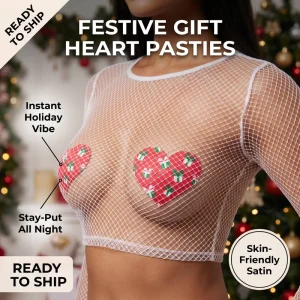 Sexy Red Satin Heart Nipple Covers Christmas Gift Box Print Disposable Breast Pasties Adhesive Soft Festive Rave Stickers