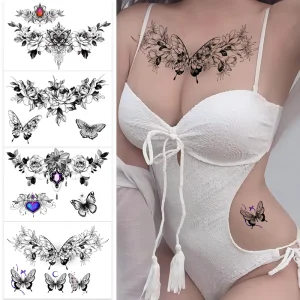 Sexy Temporary Tattoos for Women sexy Tattoo Kit Beautiful and Exquisite 3D Realistic Flowers Butterflies Abdomen Chest